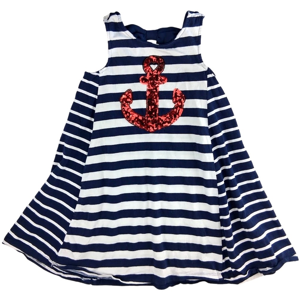 Tommy Bahama Girls sz 8 Nautical Navy Stripe Red‎ Anchor Dress Sleeveless